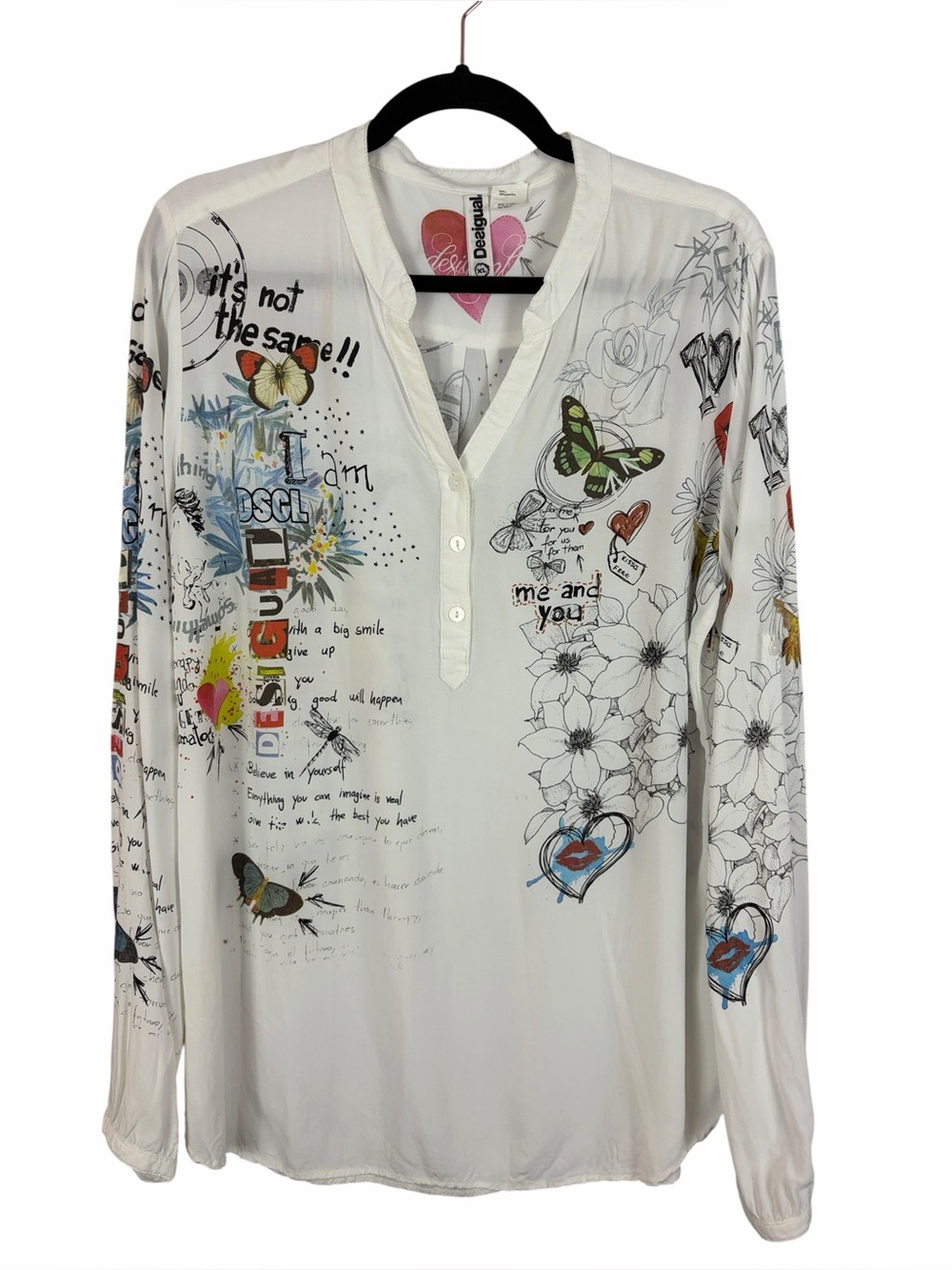 Desigual Graphic Print Viscose Blouse Women’s XL White Artsy Butterfly Top
